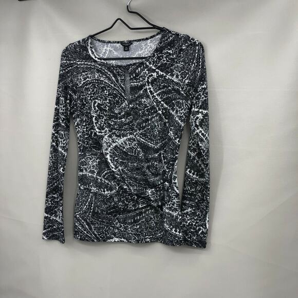 Ann Taylor Women's Keyhole Abstract Print Blouse Top XS Black White Long Sleeve - Picture 3 of 8